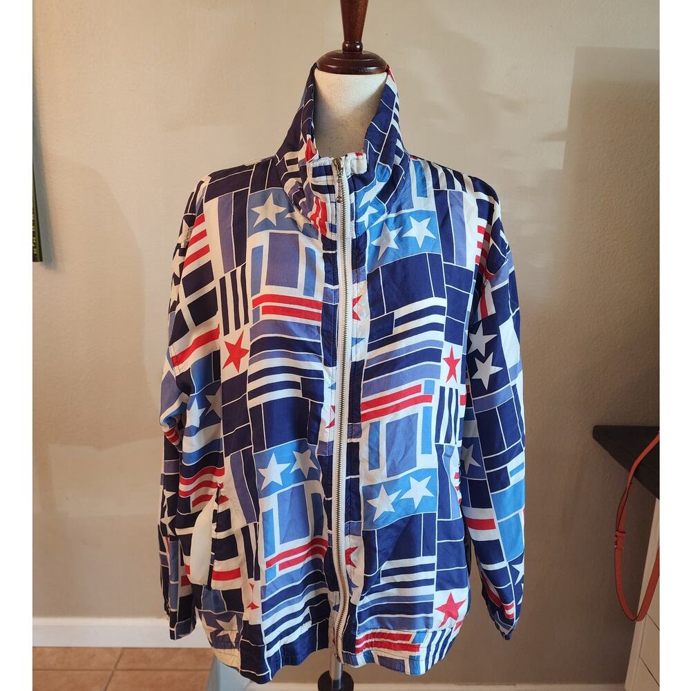 Vintage EVR Women's Silk Windbreaker Jacket SZ Large Stars Stripes Patriotic